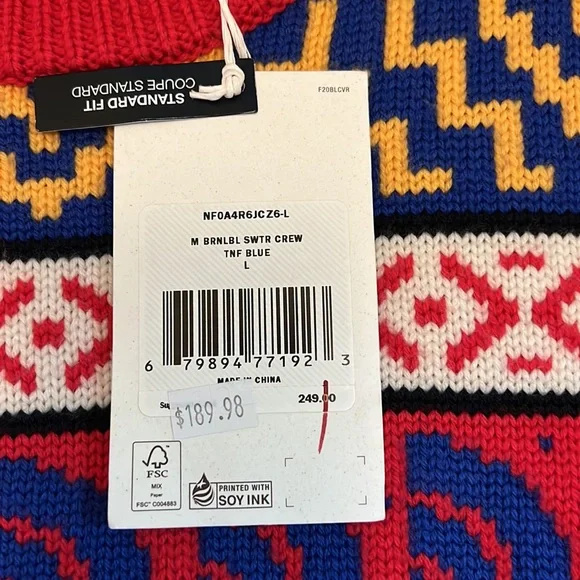 The NorthFace Crew Sweater size Large Mutli Red Yellow Blue